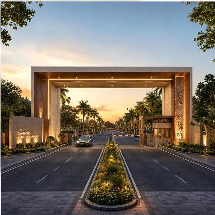 Grand community entrance gate lit at sunset