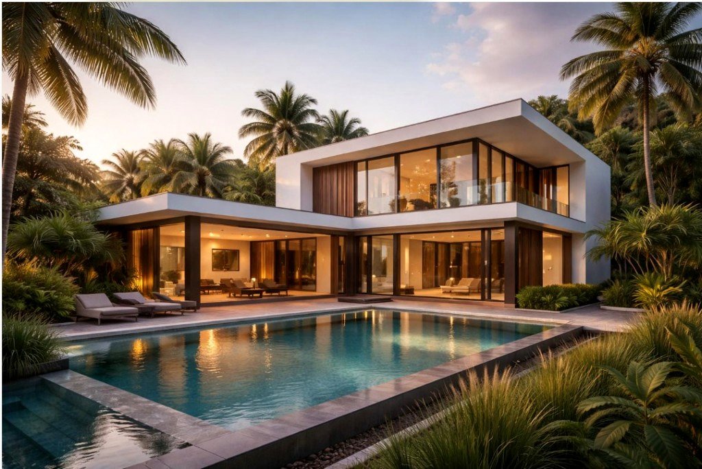 Modern villa with pool at twilight