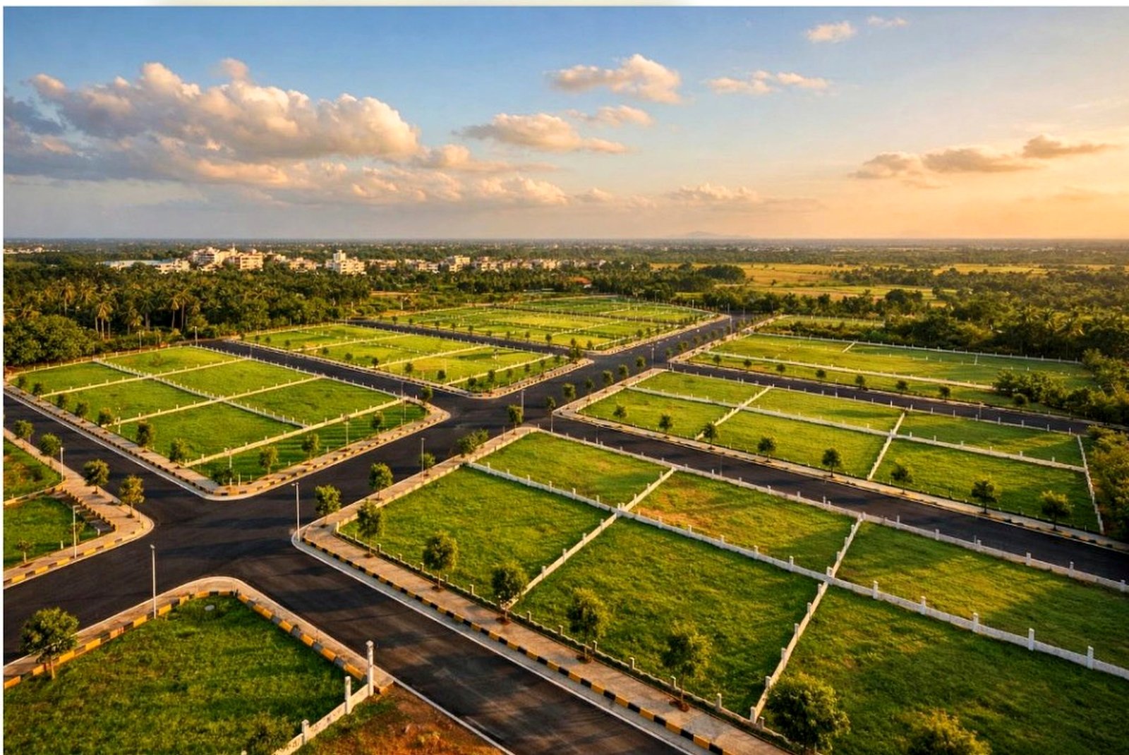 Aerial view of plotted residential plots with blacktop roads at golden hour