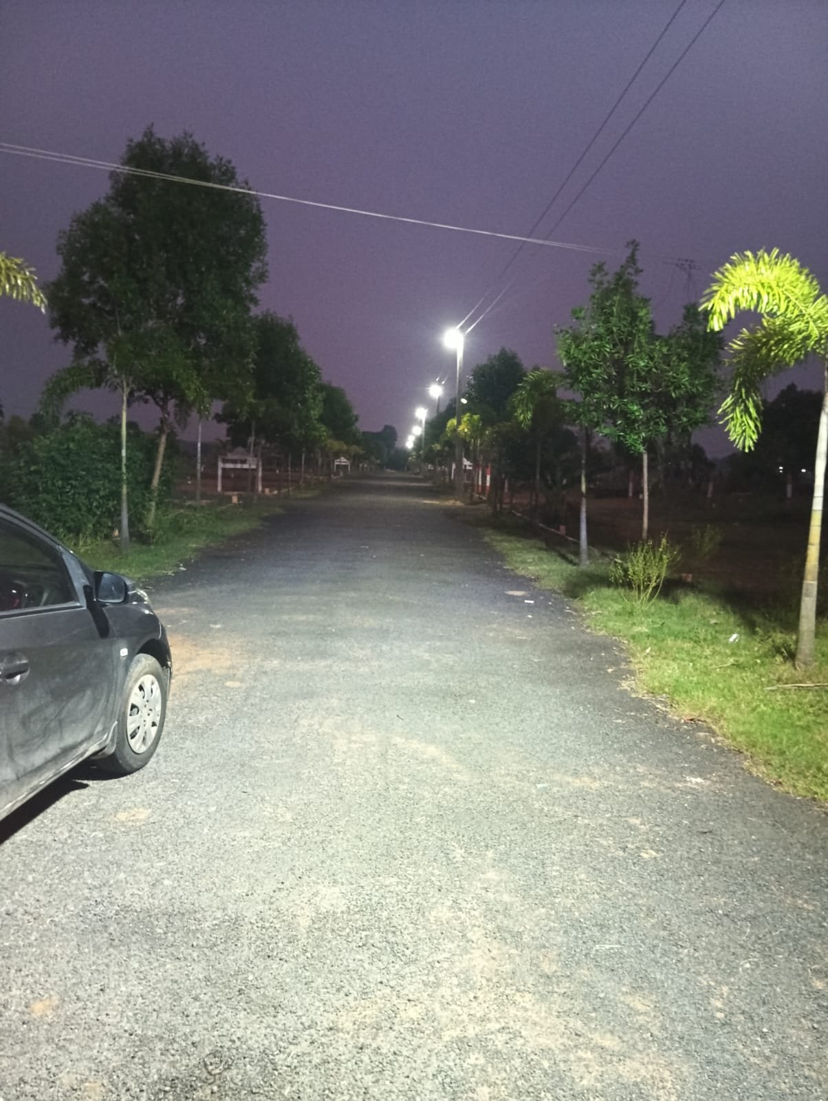 Street lights along a Yogalakshmi Nagar road at night